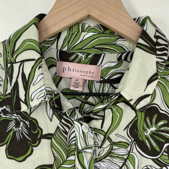 PHILOSOPHY Button Down Womens S Cropped Hawaiian Print Beach Vacation Resort - Picture 3 of 11
